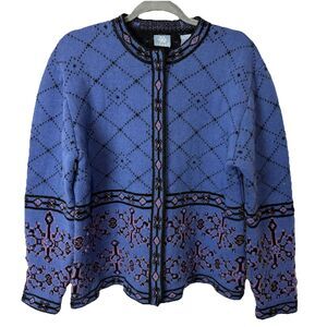 Vtg Frost Womens L Wool Blend Full Zip Nordic Cardigan Sweater Blue Border 90s